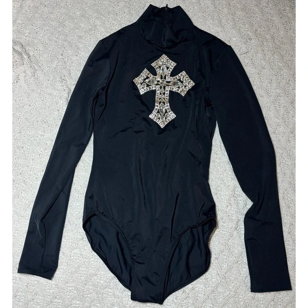 Nylon Spandex Leotard Dance Bodysuit Black +‎ Rhinestone Cross Turtleneck MA